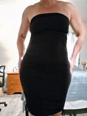 Better Be Black Ruched Mini Tube Dress Strapless Bodycon Side Drawstring Medium
